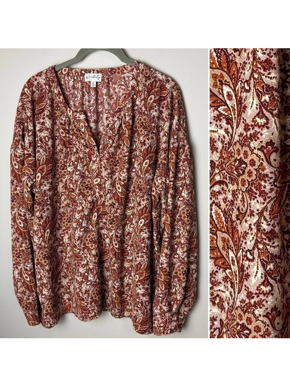 Wonderly Size XL Paisley Blouse Long Sleeves V-Neck Boho Peasant Top Rust Brown